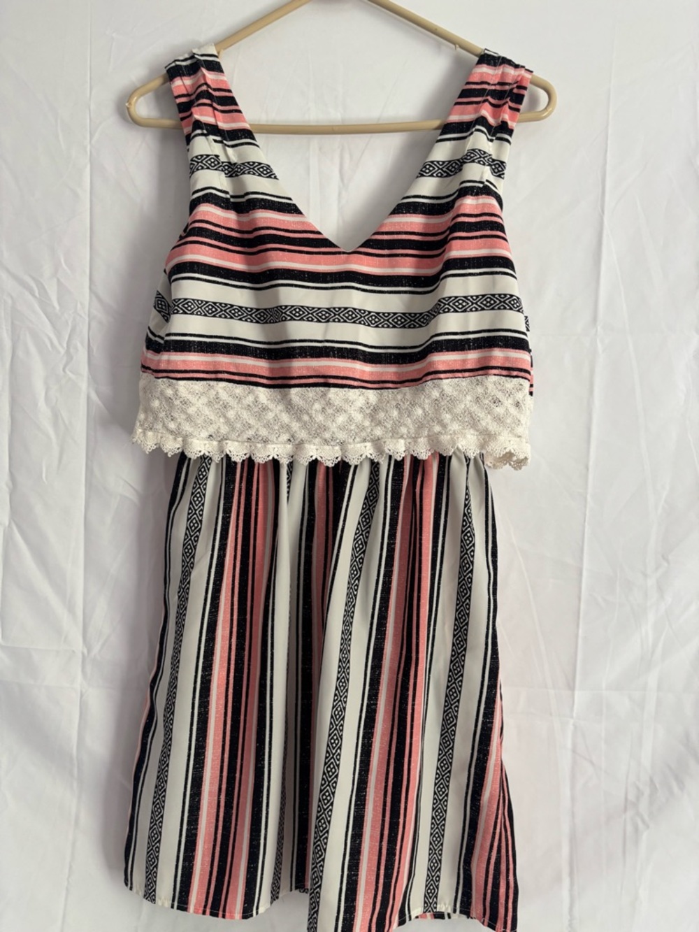 Striped Crochet Trim Sleeveless Dress - Pink, Black & White